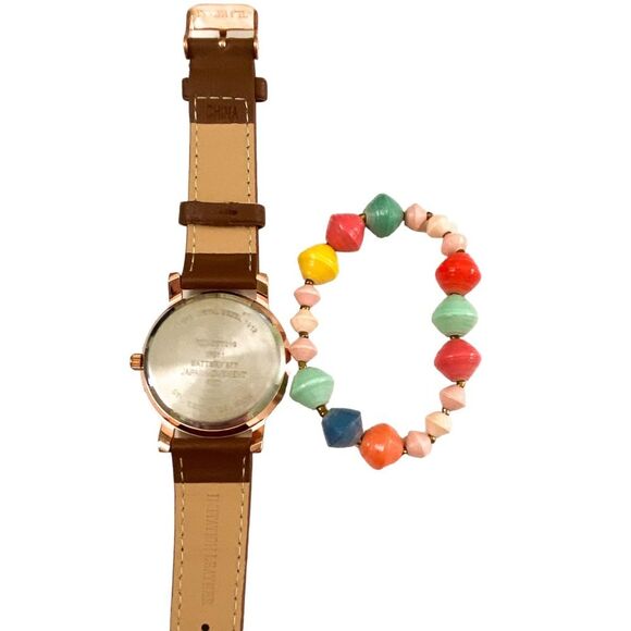 Gold Faux Leather Fashion Watch with 31 Bits Handmade Beaded Bracelet Stack Boho main image 5